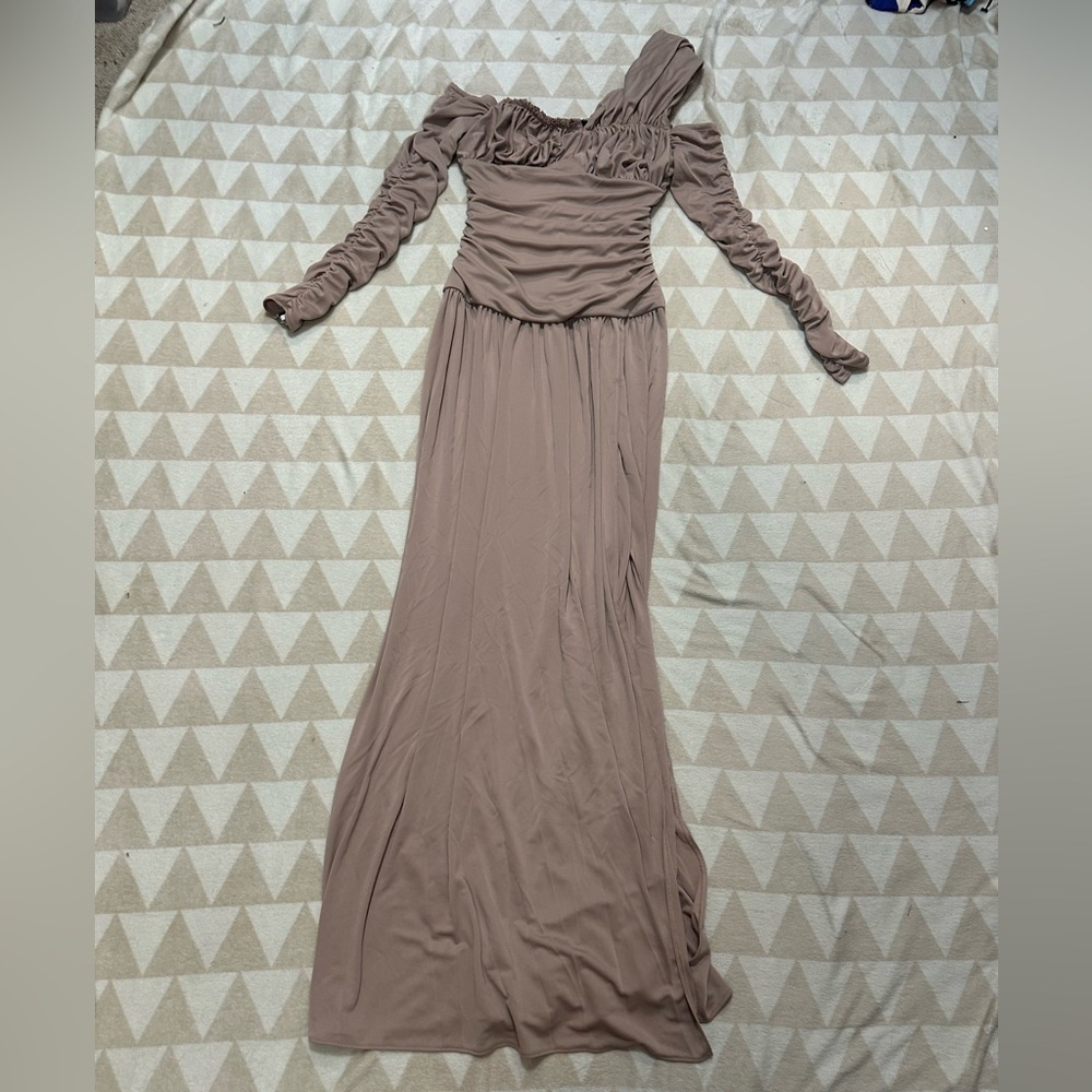 Tanya Taylor taupe one shoulder ruched maxi dress long sleeves - Picture 2 of 5